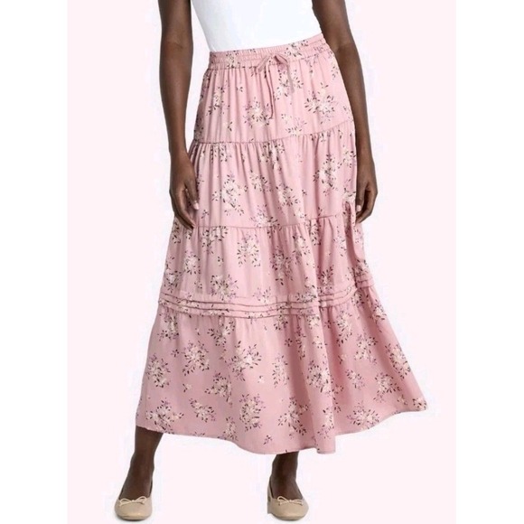Time and Tru Women's Printed Tiered Elastic Waist Midi Skirt M Dusty Rose Floral - Picture 2 of 11